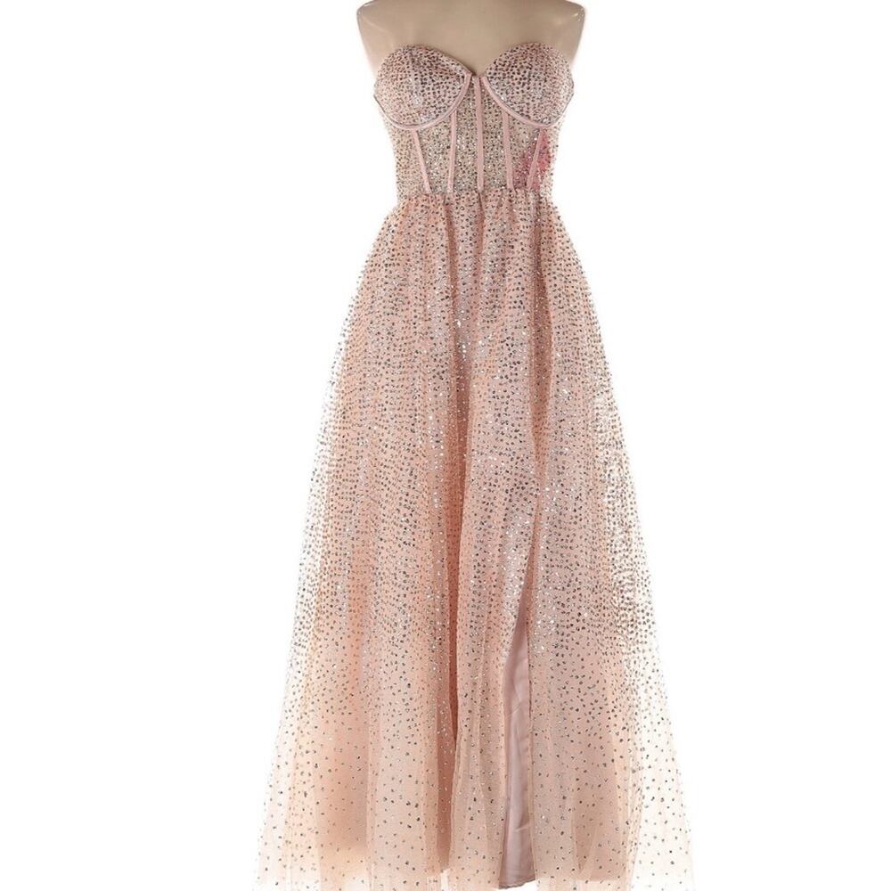 Jules & Cleo Corset Rose Good Elegant Strapless Pink Evening Gown Sparkly